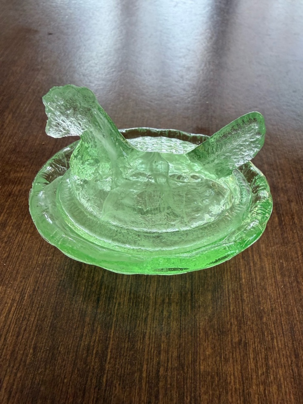 Likely Vintage Green swirl import mini hen on nest